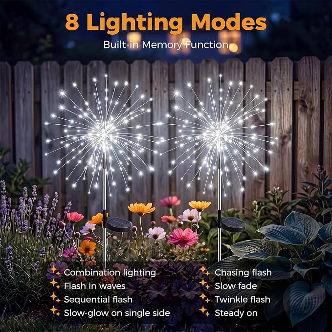 btfarm 2 Pack Solar Garden Lights Outdoor, 8 Modes Firework Lights Outside | 120LED, Waterproof Fairy Twinkle Light Solar Powered for Yard Christmas Pathway Lawn Pool Patio Decorative, Cool White