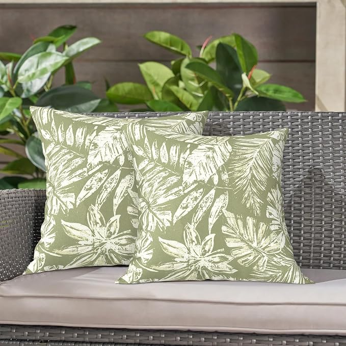 LVTXIII Outdoor Throw Pillows 16x16 Inch, Set of 2 Square Decorative Pillows with Inserts for Patio Furniture, Porch Chair, Garden Sofa, Tropical Leaf Green