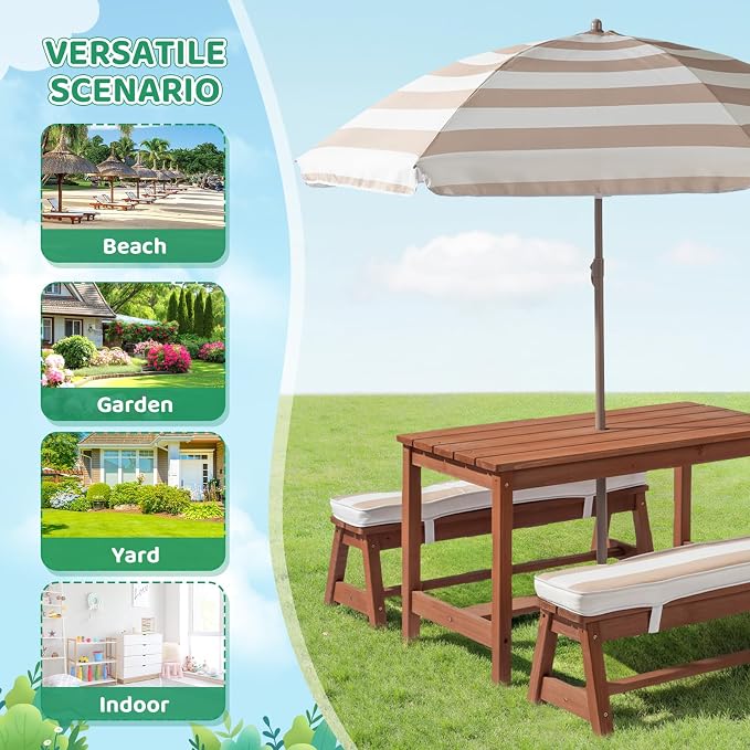 JOYMOR Kids Picnic Table Outdoor Wooden Table & Bench with Adjustable Umbrella, Picnic Table Set w/Removable Cushions for Backyard, Patio, Garden, Indoor(Walnut)