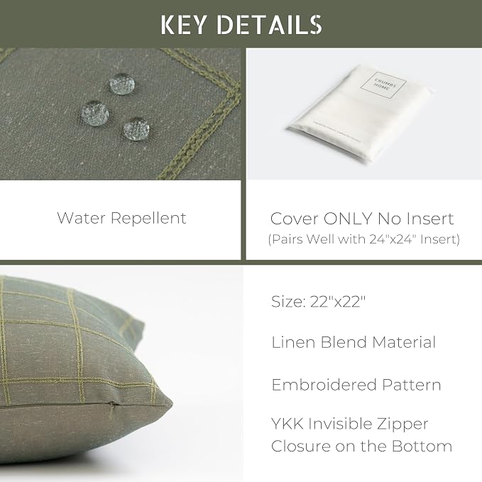 Modern Farmhouse Fall Linen Indoor Outdoor Throw Pillow Cover Only, 22"x22" Water Repellent for Patio, Backyard, Couch, Oliver Green Plaid