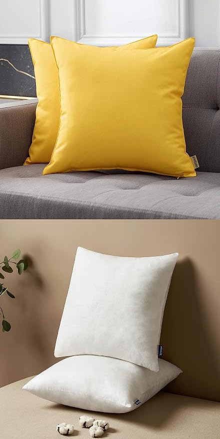 MIULEE Pack of 2 Decorative Outdoor Waterproof 16x16 Pillow Covers Yellow Bundle 18x18 Pillow Inserts Set of 2 Square Decorative Throw Pillows