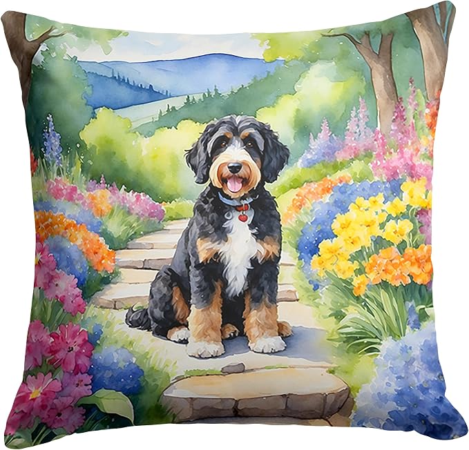 Caroline's Treasures Bernedoodle Spring Path Throw Pillow Machine Washable, Indoor Outdoor Decorative Pillow for Couch, Bed or Patio, 14Hx14W