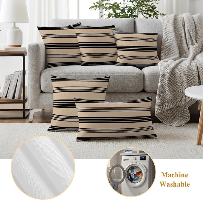 JasmineM Outdoor Pillow Cover Set of 2 Rustic Black Brown Stripes Waterproof Throw Pillow Covers Classic Parallel Lines Decorative Pillowcases Garden Cushion Case for Patio Couch Sofa 16x16 Inch