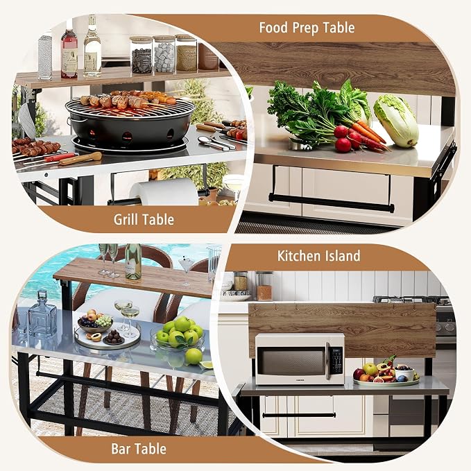 Giantex Outdoor Bar Table with Flip-Up Top & Foldable Side Table, 4-Tier Grill Stand with Storage Shelves, Hooks, Paper Towel Holder, Patio Kitchen Island Food Prep Cooking Station