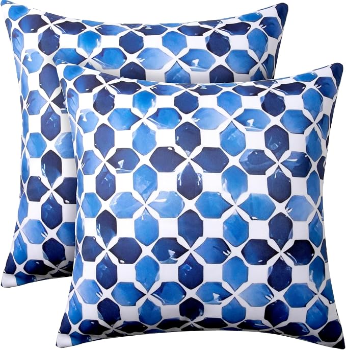 18x18 Waterproof Outdoor Pillows, Set of 2 Outdoor Throw Pillows | Patio Furniture Pillows, Fluffy Decorative Pillows, Waterproof &Fade Resistant, Removable & Washable, Blue White with Plaid