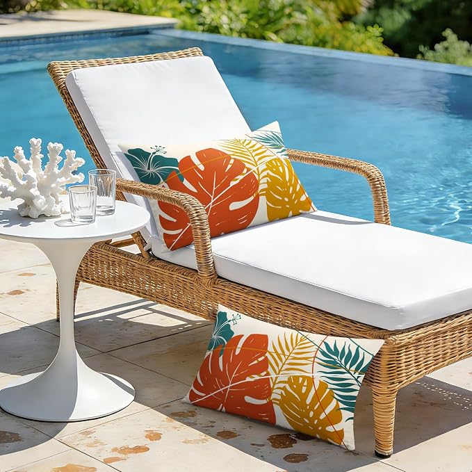 OTOSTAR Outdoor Waterproof Throw Pillow Covers 16x24 Inch Set of 2 Double-Sided Orange Yellow Tropical Leaf and Flower Spring Summer Decorative Pillow Cases for Patio Funiture Garden Balcony Couch