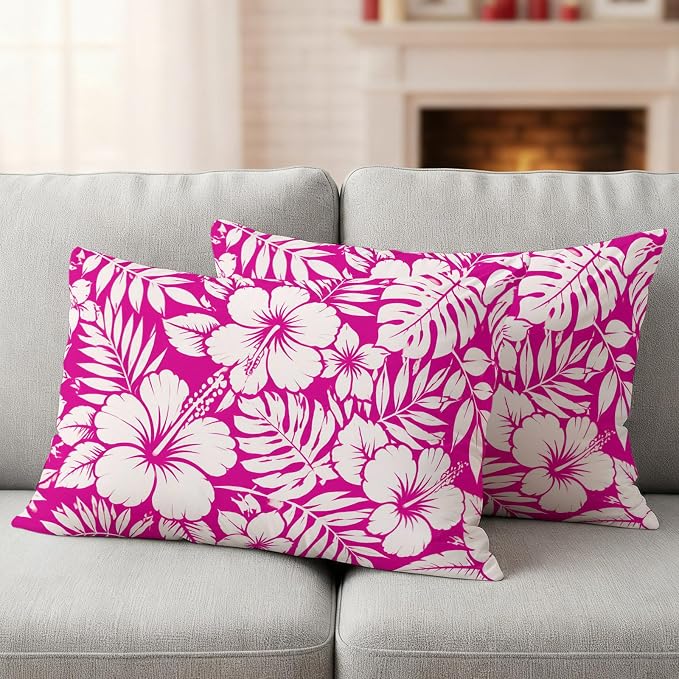 Pink Hibiscus Flowers Waterproof Outdoor Pillow Covers Set of 2 Home Decor, Tropical Monstera Leaves Lumbar Pillowcase Patio Pillow Covers for Couch Bench Patio Furniture Garden 20x12in