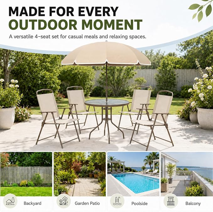 6-Piece Patio Dining Set for 4 with Umbrella, Outdoor Table and Chairs Set with 4 Folding Chairs, Round 31.5" Tempered Glass Table for Garden Backyard Poolside (Beige)