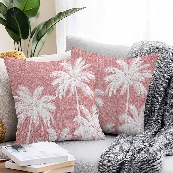 Outdoor Pillow Covers 26x26 Inch Set of 2, Pink Palm Trees Waterproof Throw Pillow Covers, Farmhouse Tropical Summer Beach Decorative Cushion Pillowcases for Couch, Sofa, Bed, Garden, Patio