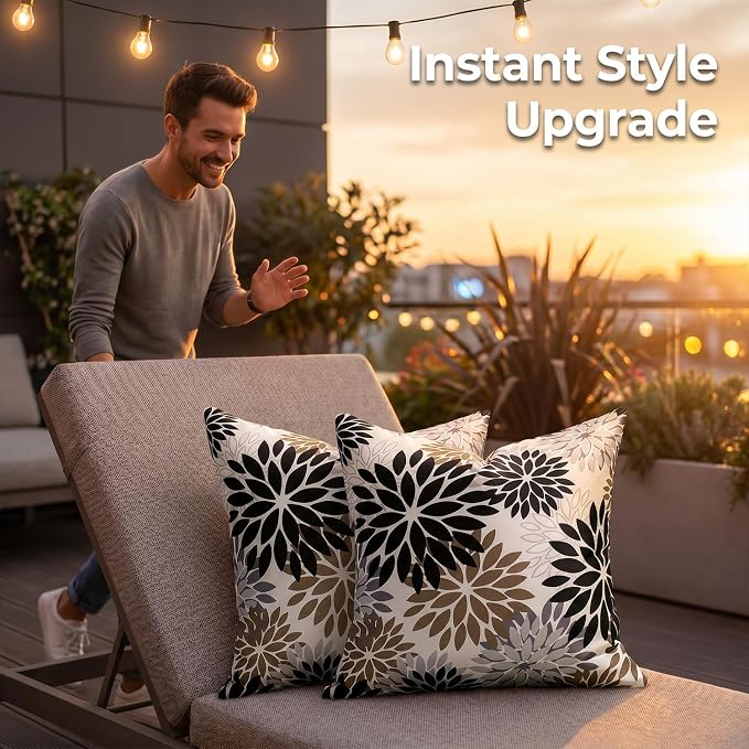 Outdoor Waterproof Throw Pillow Cases Pack of 2 Dahlia Flowers Throw Pillow Covers 18×18 Black and Brown Decorative Spring Summer Cushion Covers for Garden Patio Living Room Couch