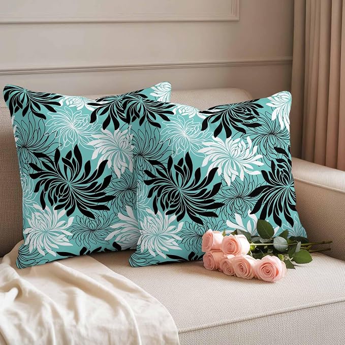 Yukro Teal Black Floral Outdoor Waterproof Pillow Covers Pack of 2, Vintage Teal White Black Flower Decorative Throw Pillowcases Cushion Covers for Garden Patio Tent Sofa Couch, 20x20 inch