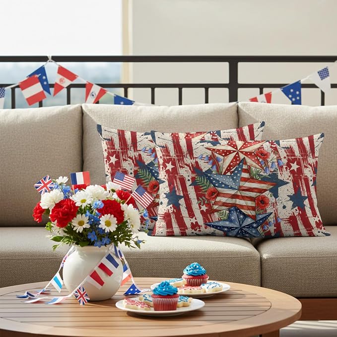 Independence Day Outdoor Pillow Covers 20"x12" Set of 2, Retro American Flag Star Red Flower Abstract Country Waterproof Throw Pillow Covers for Patio Furniture, Decorative Cushion Covers for Porch