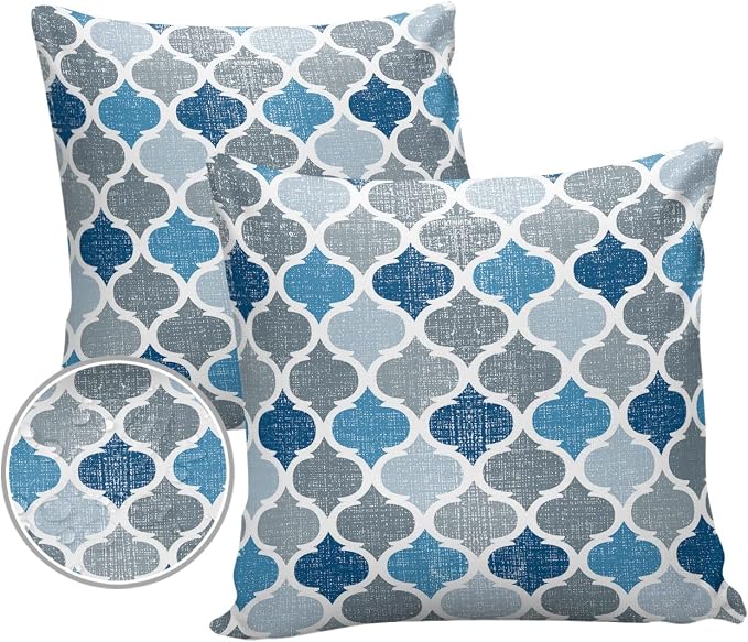 Morocco Outdoor Pillow Shams Set of 2, Decorative Pillowcases Cushion Case, Soft Throw Pillow Covers Waterproof Pillow Case 26x26 Inch, Blue Grey Geometry Retro
