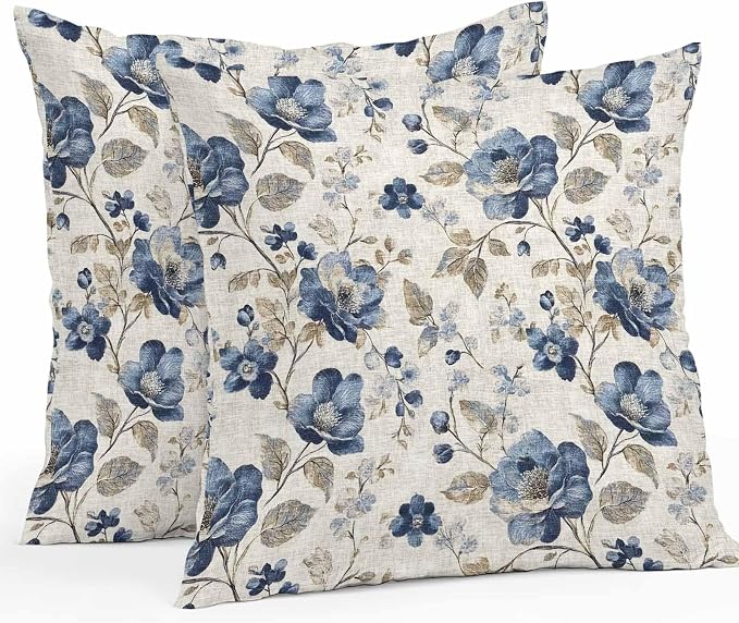 Blue Gray Waterproof Outdoor Pillow Covers 26''x26'' Set of 2, Vintage Botanical Patio Furniture Spring Florals Cushion Covers for Chairs, Decorative Farmhouse Pillow Cases for Garden/Pool/Beach