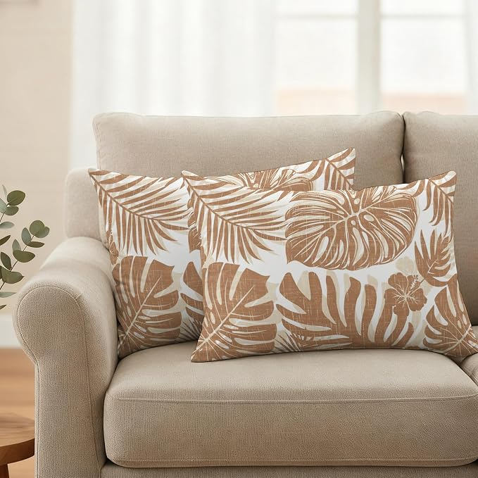 Brown Palm Leaves Outdoor Pillow Covers 20"x12" Set of 2, Tropical Botanical Minimalist Modern Waterproof Throw Pillow Covers for Patio Furniture, Decorative Cushion Covers for Porch
