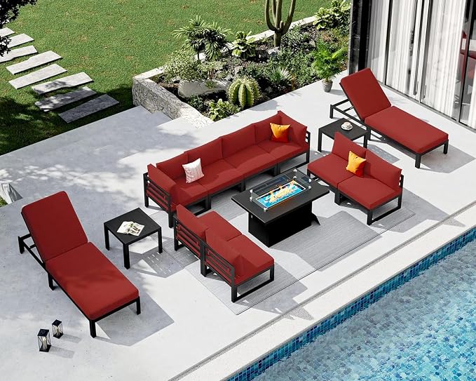 NICESOUL 13 Pcs Aluminum Patio Sectional Furniture Set with Lounge Chair & Fire Pit Table, 500 lbs Heavy Duty Anti-Rust Outdoor Couch, 29" Deep Wide Seat, High End Conversation Sofa for Poolside, Red