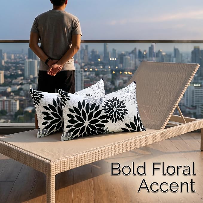 Outdoor Waterproof Cushion Covers 12x20 Inch Dahlia Flowers Throw Pillow Covers Set of 2 Decorative Pillowcases with Invisible Zipper Black and Gray for Inside and Outdoor Decor