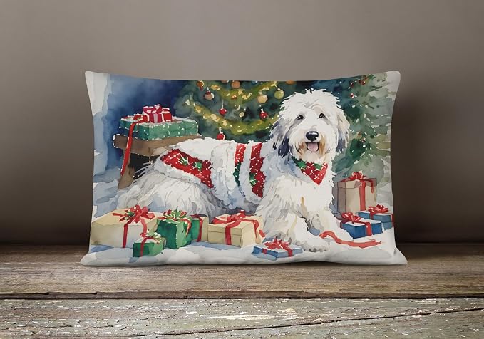 Caroline's Treasures DAC2717PW1216 Old English Sheepdog Cozy Christmas Throw Pillow Machine Washable, Indoor Outdoor Decorative Pillow for Couch, Bed or Patio, 12HX16W