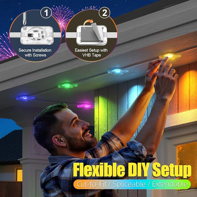 Permanent Outdoor Lights 150ft RGB+IC Eave Lights for House | IP67 Waterproof Smart LED Outdoor Lights with 16M Colors, App/Remote Control for Daily, Christmas, Halloween, Party