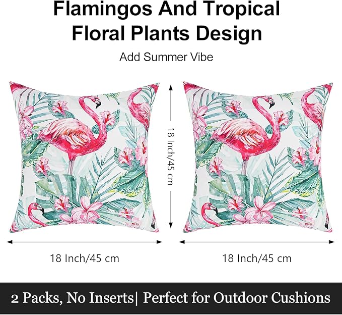 Pyonic Waterproof Outdoor Pillow Covers 18x18 inch Tropical Plant and Flamingo Throw Pillow Covers for Summer Patio Furniture Garden Porch Pool Decor