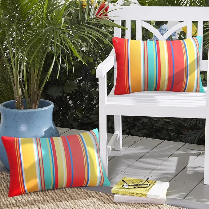 Pyonic Lumbar Outdoor Waterproof Throw Pillow Covers Set of 2 Rectangle Pillow Covers Decorative Patio Pillows for Patio Tent Garden Beach,12x20 Inches,Color Stripe(Red)