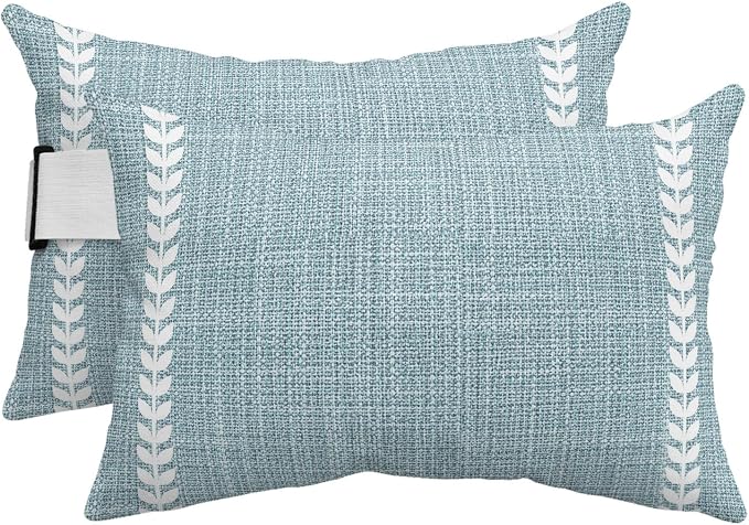 Simple Blue Outdoor Lumbar Pillows 12x20 Set of 2, Vintage Country Vertical Striped Linen Texture Waterproof Throw Pillow Covers with Insert, Decorative Support Pillows for Lounge, Chaise
