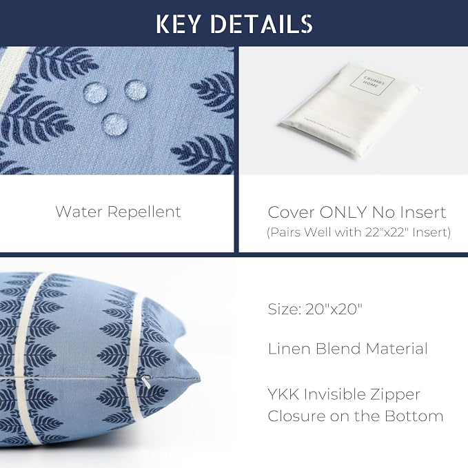 California Casual Coastal Indoor Outdoor Throw Pillow Cover, 20"x20" Water Repellent for Patio, Backyard, Couch, Poolside, Dark Navy Blue Print Leaves Stripes