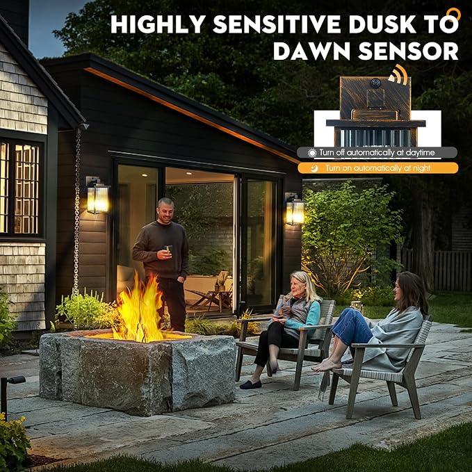 Black Brush Gold Dusk to Dawn Wall Mount Porch Lights | Auto On and Off, Anti-Rust Metal Frame, Tempered Glass, E26 Socket, Easy DIY Install on Porch, Garage