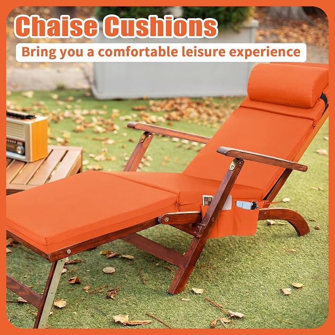 RattanView 1 Pcs Outdoor Chaise Lounge Cushion with Pillow and Side Pockets Waterproof Lounge Chair Cushion for Outdoor Furniture Patio Lounger Pad for Outside Pool Lawn (Orange,72 x 21 x 4)