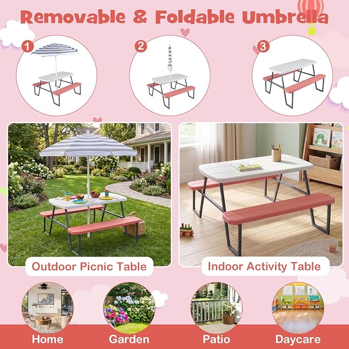 HONEY JOY Kids Picnic Table, 4 Person Toddler Outdoor Table and Chair Set, Built-in Benches, Removable Umbrella, Metal Frame & HDPE Top, Children Outdoor Furniture for Backyard Patio Garden (Pink)