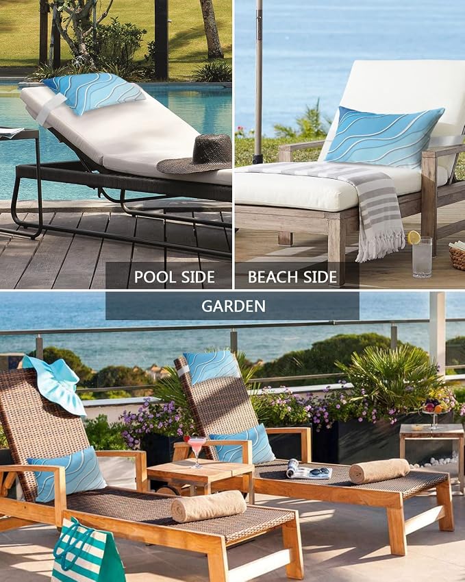Geometric Ombre Chaise Lounge Pillows Outdoor, Aesthetic Blue White Gradient Abstract Head Pillows, Modern Waterproof Patio Furniture Lumbar Pillows with Adjustable Elastic Strap for Recliner Beach