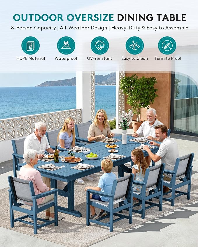 SERWALL 9 Piece Outdoor Dining Set, 84" HDPE Outdoor Large Table and Textilene Sling Chairs for 8，All Weather Patio Dining Furniture Set with Umbrella Hole for Backyard, Garden, Blue