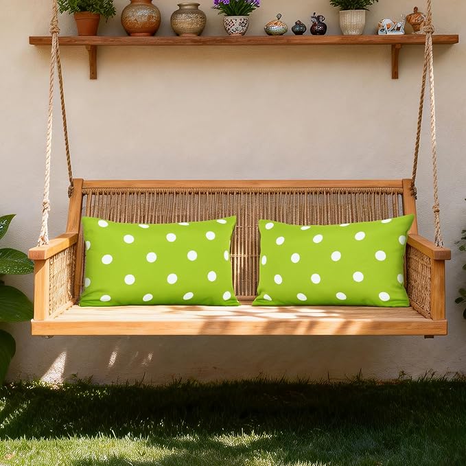 Eternal Beauty 12X20'' Set of 2 Outdoor Decorative Pillow Covers Waterproof Outdoor Pillow Covers for Spring Summer Patio Lumbar Pillows, Green Polka Dot, 12X20 inches