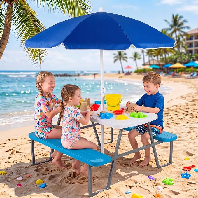 Costzon Kids Picnic Table, Toddler Outdoor Table & Bench Set with Removable Umbrella, HDPE Tabletop, Metal Frame, Kids Outdoor Furniture for Patio Backyard Garden, Fits 4 Children Age 3+ (Blue)