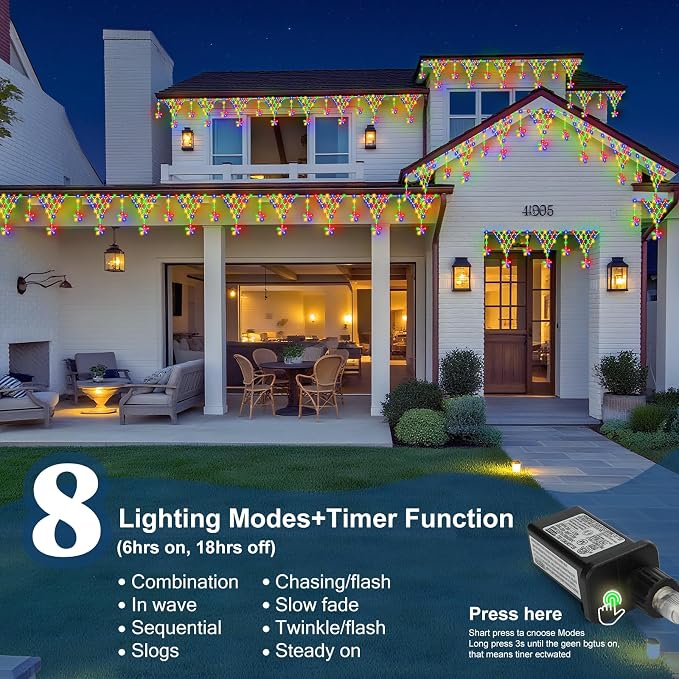 Christmas Icicle Lights, Outdoor Christmas Lights, 13.8FT 218 LED 8 Modes Curtain String Light, Plug-in LED Fairy Light for Wedding, Party, Indoor, Christmas Decoration - Multicolored