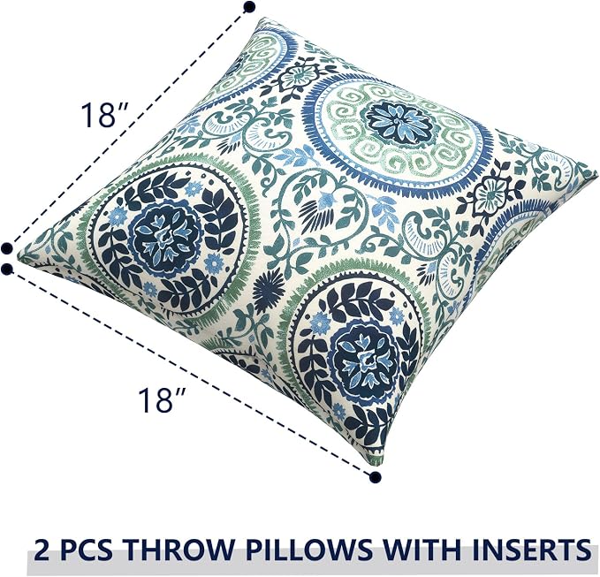 Outdoor Pillows with Insert 18x18 Inch, Waterproof Throw Pillow for Patio Furniture, Decorative Back Cushion for Garden Home Sofa Office Chair, Set of 2, Medallion Blue