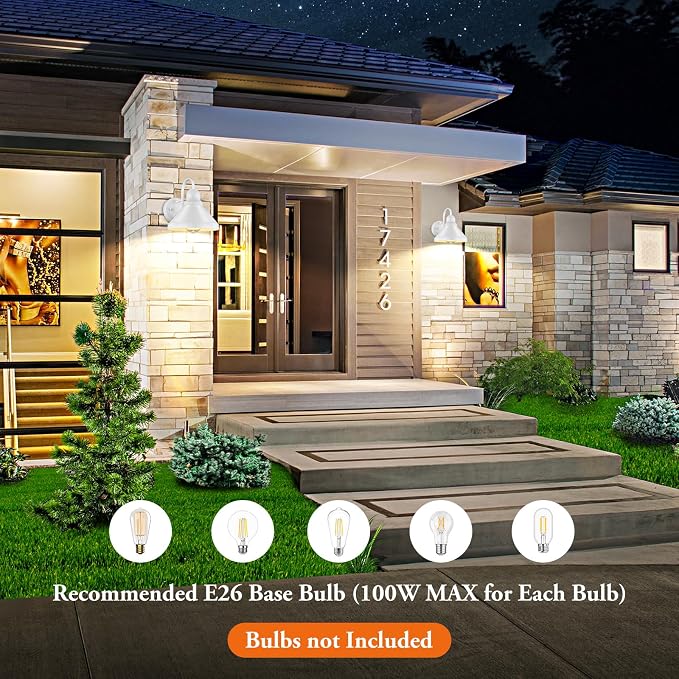 Gooseneck Outdoor Wall Lanterns, Pack of 2 Exterior Light Fixtures, Anti-Rust Outside Barn Wall Mount Sconces, Waterproof White Patio Wall Lamps for House, Front Door, Bulb Excluded