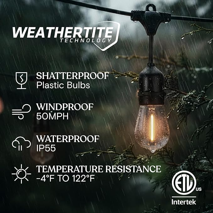 Brightech Ambience Pro 105Ft LED String Lights - 2W Commercial Grade Patio Lighting Outdoor Waterproof - Heavy Duty Dimmable Vintage Edison Porch Lights for Outside, Backyard - 34 Bulbs, Soft White