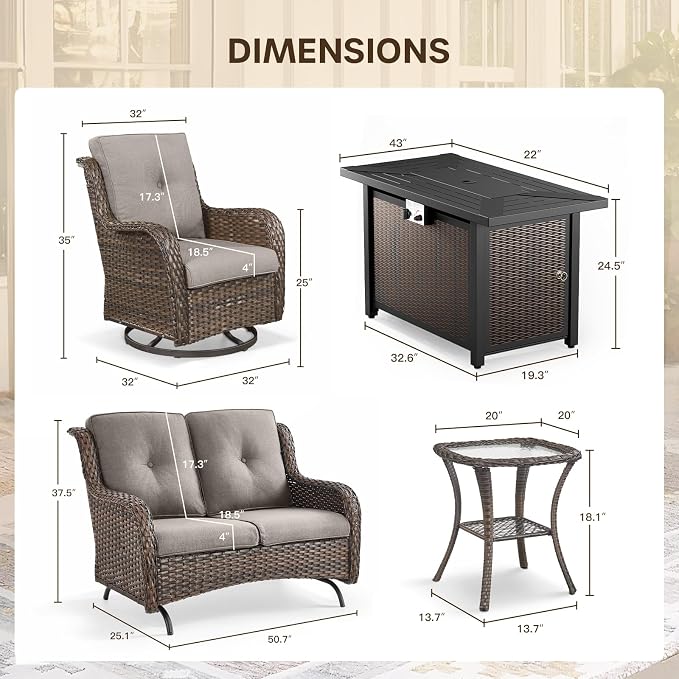 Patio Loveseat Glider Set, Resin Wicker Loveseat Glider with 4 Swivel Patio Chiars Rectangular Firepit Table, 7 Piece Patio Conversation Loveseat Set, Brown Wicker|Grey Cushions