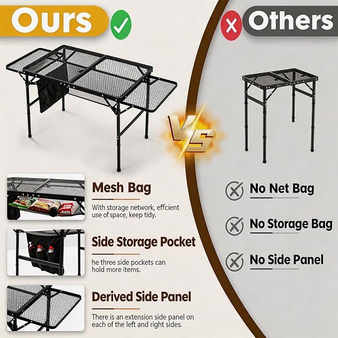 Folding Camping Table with 2 Wing Panels – Adjustable Height & Width Portable Outdoor Grill Table, 3x2 FT Lightweight Metal Picnic Table with Mesh Layer & Side Pocket for BBQ, Beach, Tailgate, Hiking