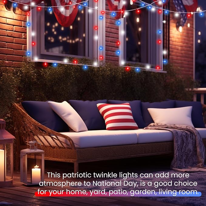 2 Pack 200LED Red White and Blue Lights Battery Operated, Fairy Lights | 66FT 4th of July String Lights with Timer, 8 Modes Waterproof Patriotic Twinkle Light Outdoor for Independence & Memorial Day