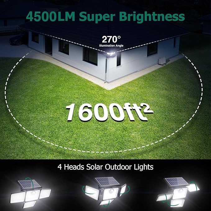4500LM Solar Lights Outdoor, 4 Adjustable Heads Motion Sensor Lights, 3 Modes, 6500K, IP65 Waterproof Solar Security Wall Lights, Remote Control Flood Lights, Garden, Outside, Backyard, 2 Pack