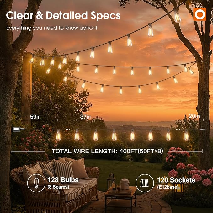 addlon 400FT(50*8) Outdoor String Lights with Remote LED Edison Waterproof | Plastic ST38 Shatterproof Bulbs, Extra Long Lighting, Hanging for Patio Outside Backyard Pergola Bistro Porch Garden Party
