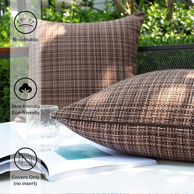 Kevin Textile Outdoor Waterproof 24x24 Inch Pillow Covers 2 Pack, Brown | Water Resistant, Faux Linen Yarn-dyed, Woven Texture Euro Throw Pillow Covers for Tent Patio Garden Couch Sofa