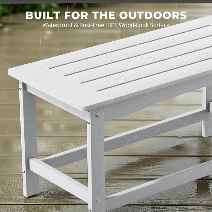 White Outdoor Coffee Table for Patio 35.4 x 17.5 x 16.1 Poly Lumber | 250 lb All-Weather HIPS Rectangle Patio Table, Stainless Steel Hardware, 1-Year Warranty for Deck Balcony Porch Poolside