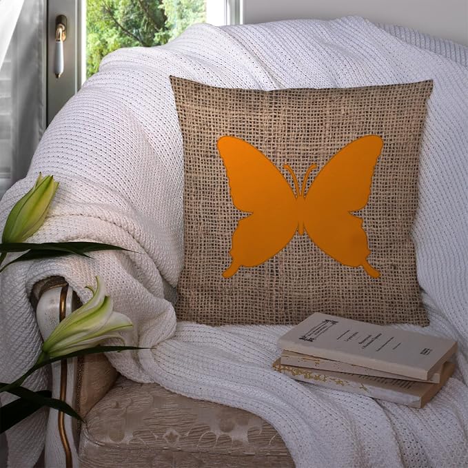 Caroline's Treasures BB1046-BL-OR-PW1414 Butterfly Burlap and Orange BB1046 Fabric Decorative Pillow Machine Washable, Indoor Outdoor Decorative Pillow for Couch, Bed or Patio, 14Hx14W