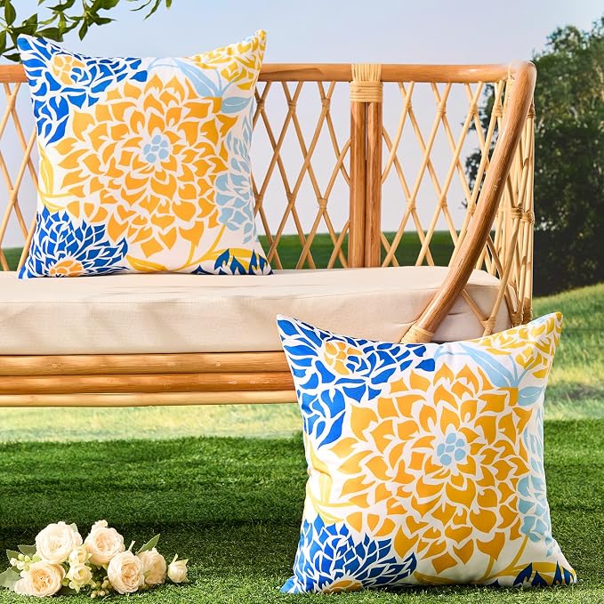 Allorry Outdoor Pillow Covers 18x18 Set of 2 Yellow Blue Flower Pattern Decoration Throw Pillow Covers for Spring Summer Outdoor Waterproof Furniture Garden Patio Sofa Bedroom Home Decor JB011-A18