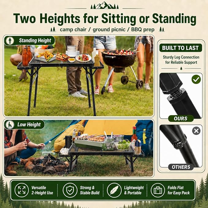 2.5 FT Picnic Table with 2 Wing Panels, Mesh Metal Folding Grill Table Height Adjustable & Lightweight & Portable Table for Outdoor Indoor Camping, Picnic, Beach and BBQ, RV