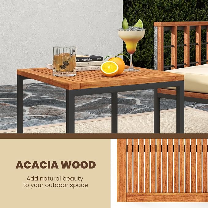 HAPPYGRILL 3 Pieces Wood Patio Furniture Set, Acacia Wood Conversation Set with 2 Cushioned Chairs, Outdoor Patio Bistro Set for Porch, Balcony, Garden, Backyard