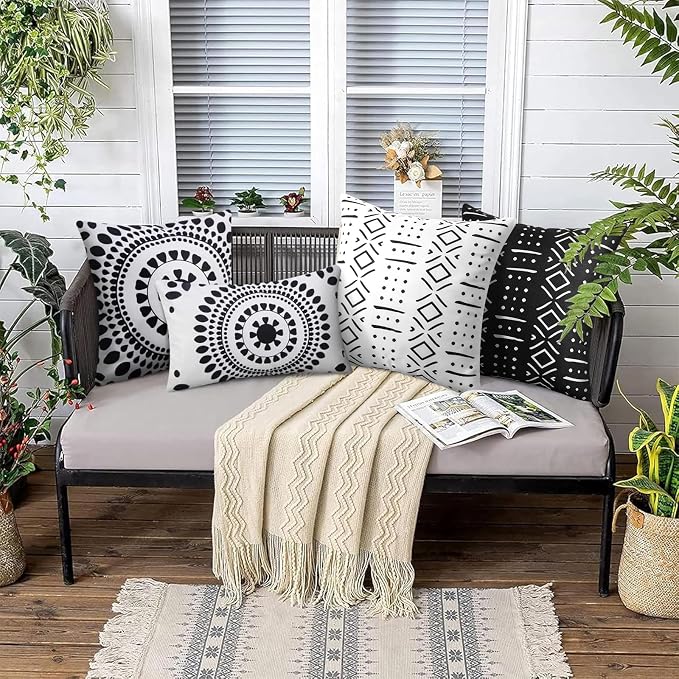 Merrycolor Black Outdoor Waterproof Decorative Throw Pillow Covers Set of 2 Bohemian Geometric Pattern Cushion Covers Perfect for Farmhouse Patios and Gardens Black